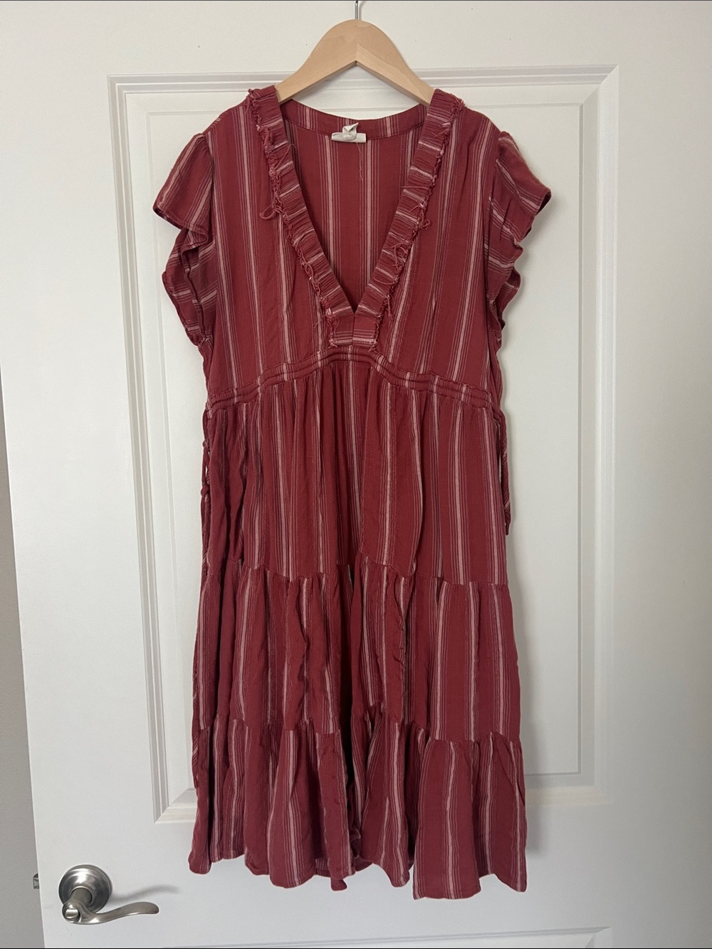 ANA Ruffled V-Neck Tiered Midi Dress - Dusty Rose Stripe